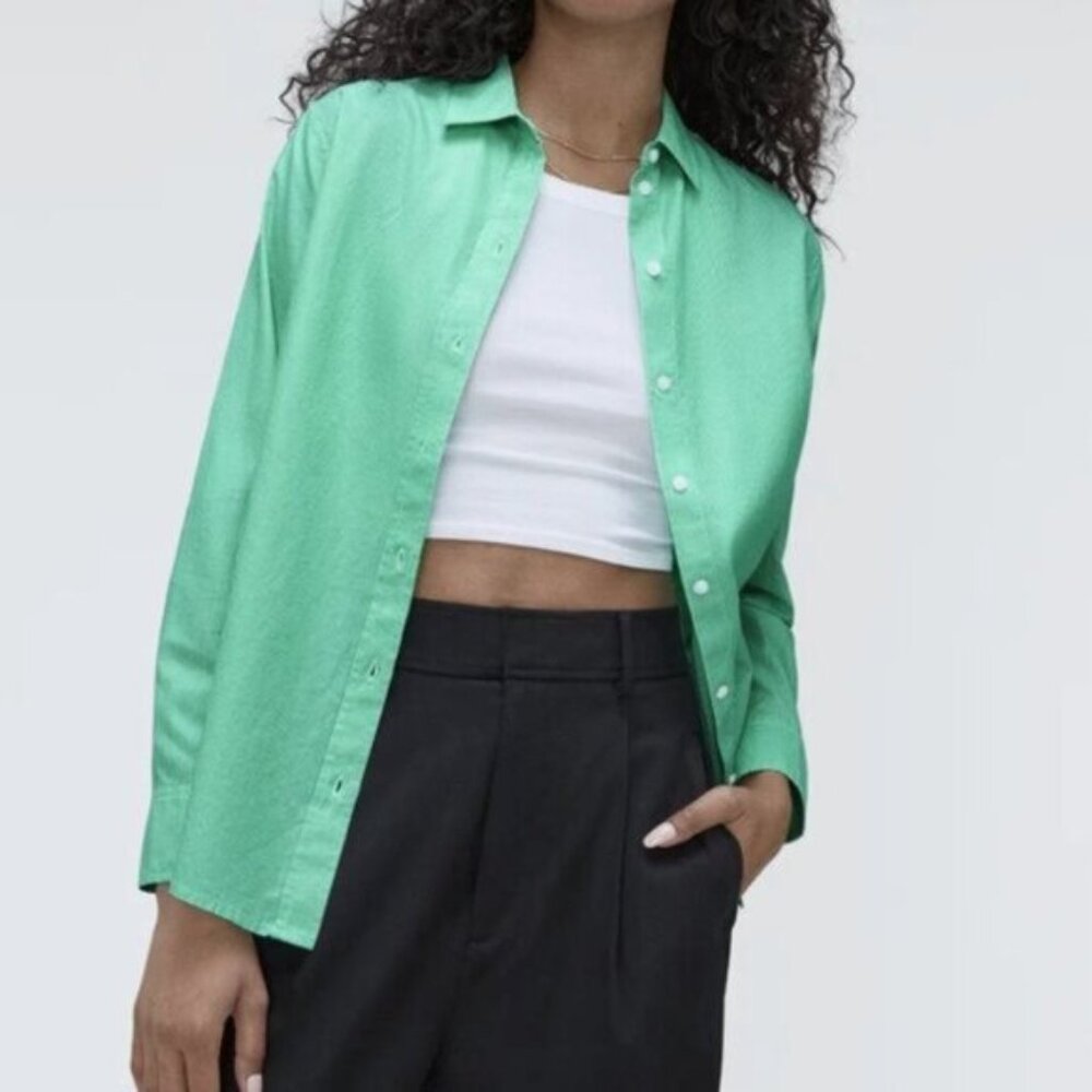 Everlane The Silky Cotton Relaxed Button Down Shirt Striped Jade Green White 2